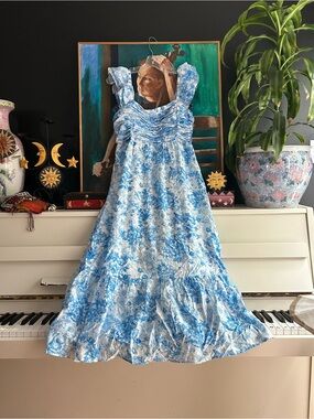 Blu Pepper Blue White Floral Maxi Dress Smocked Ruffle Cottagecore Women L